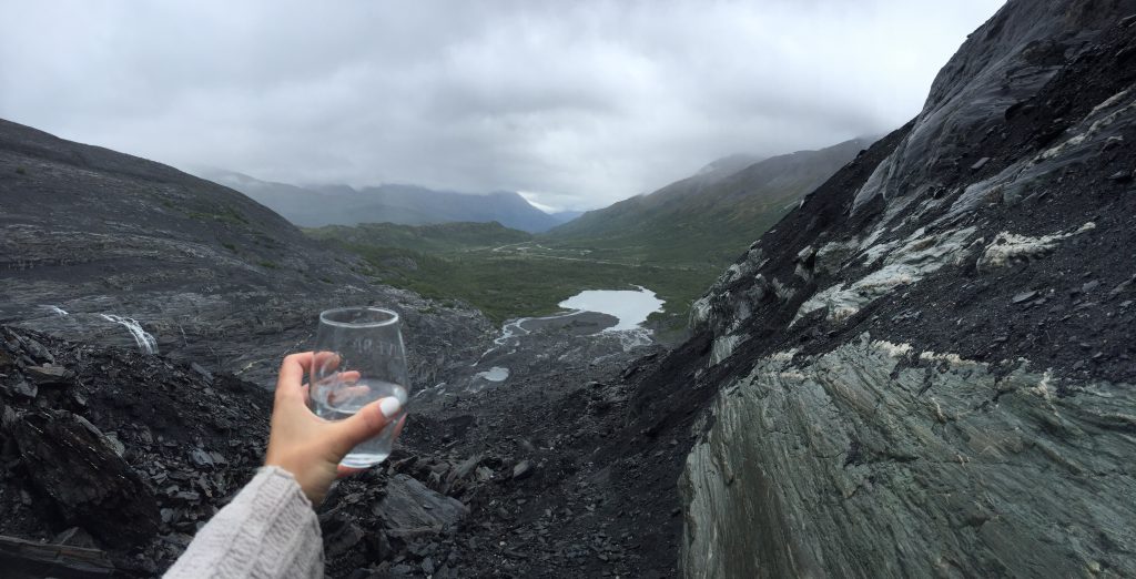 Submitted by Camille. With beautiful Worthingon Glacier in the background, Camille enjoys her Live Big glass in Valdez, Alaska.
